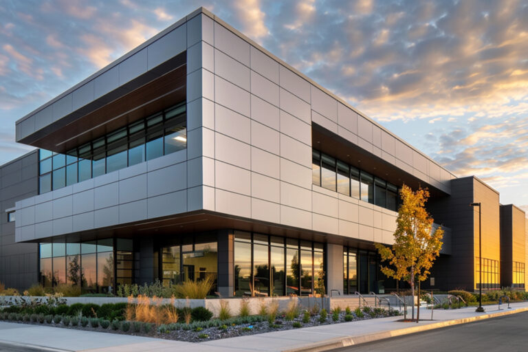 A freshly completed building gleams in the sunset, sporting large glass windows and a modern design. Great Canadian Exteriors is ready to help you take your project to the next level with custom siding.