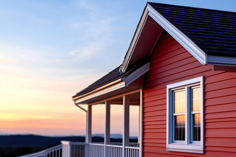 A house sits nicely in the sunset.